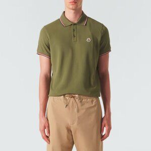 Moncler Maglia Polo Manica Corta Khaki Tricolor-Trimmed Cotton Polo Shirt